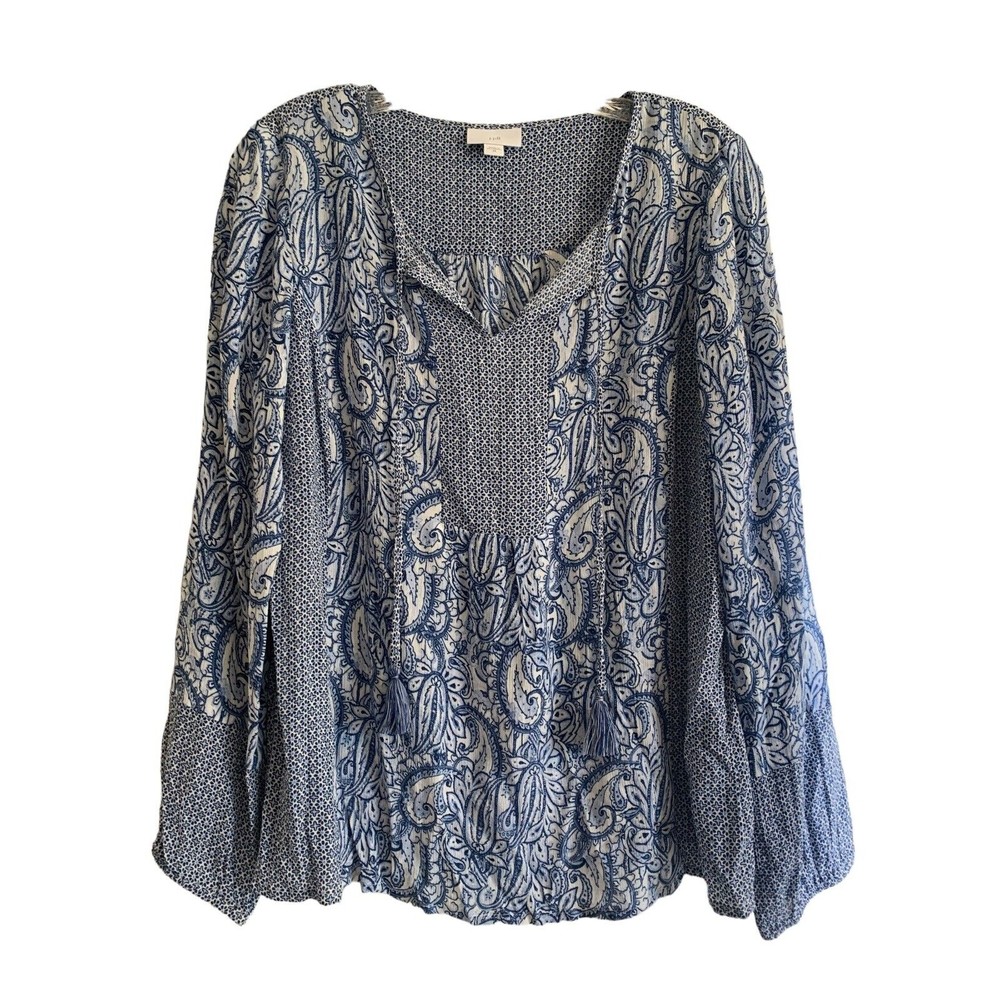 J Jill Rayon Batik blue White Tassels Light Weight  Tunic 3/4 Sleeves Size XS